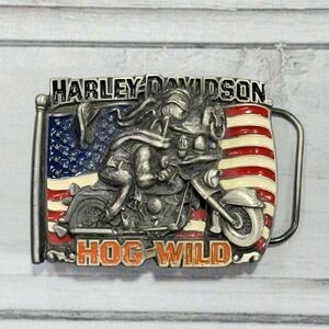 Harely-Davidson Belt Buckle Hog Wild Motorcycle USA Flag Patriotic VTG 1993